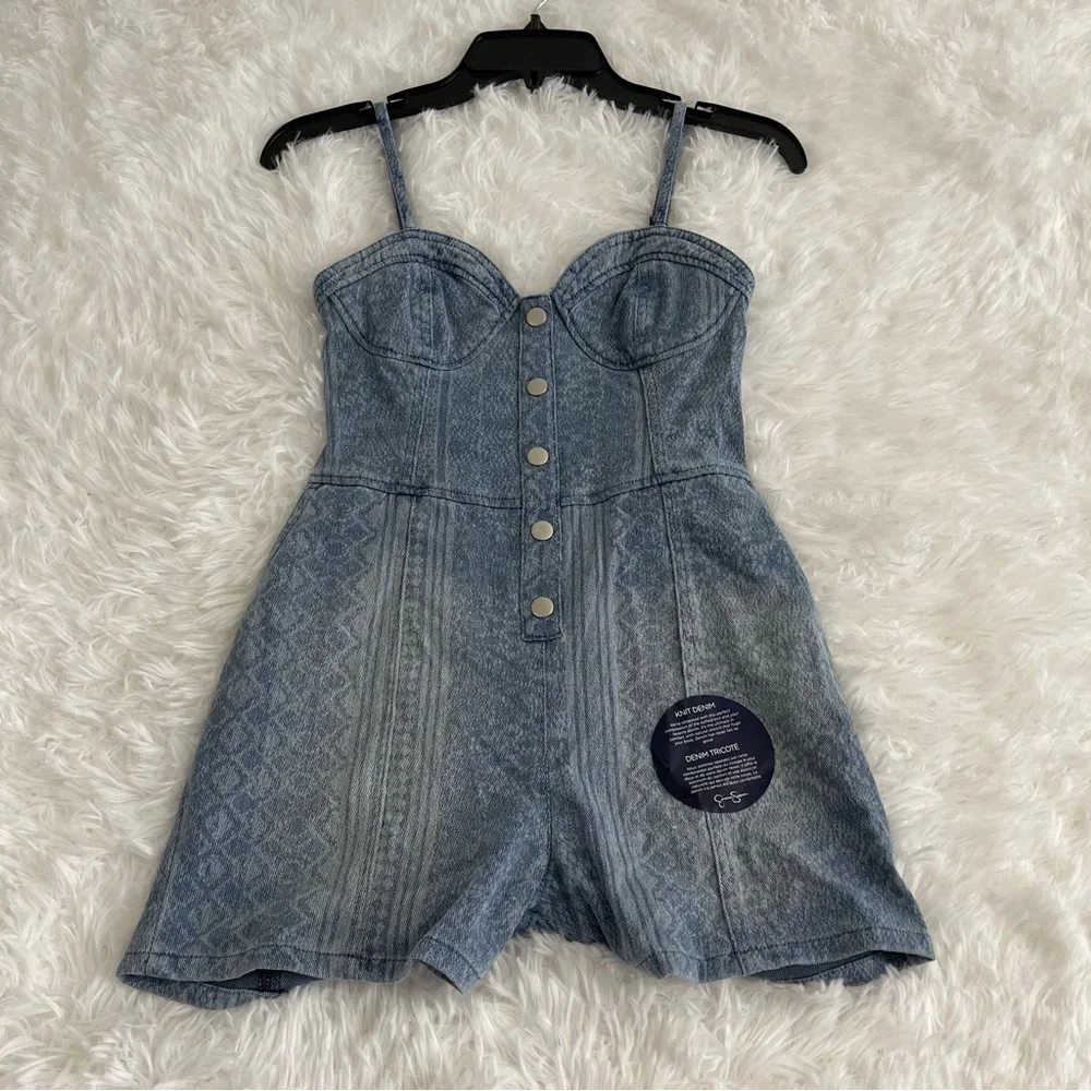 Jessica Simpson Denim Romper Women’s XS Open Back Pockets faux snap front